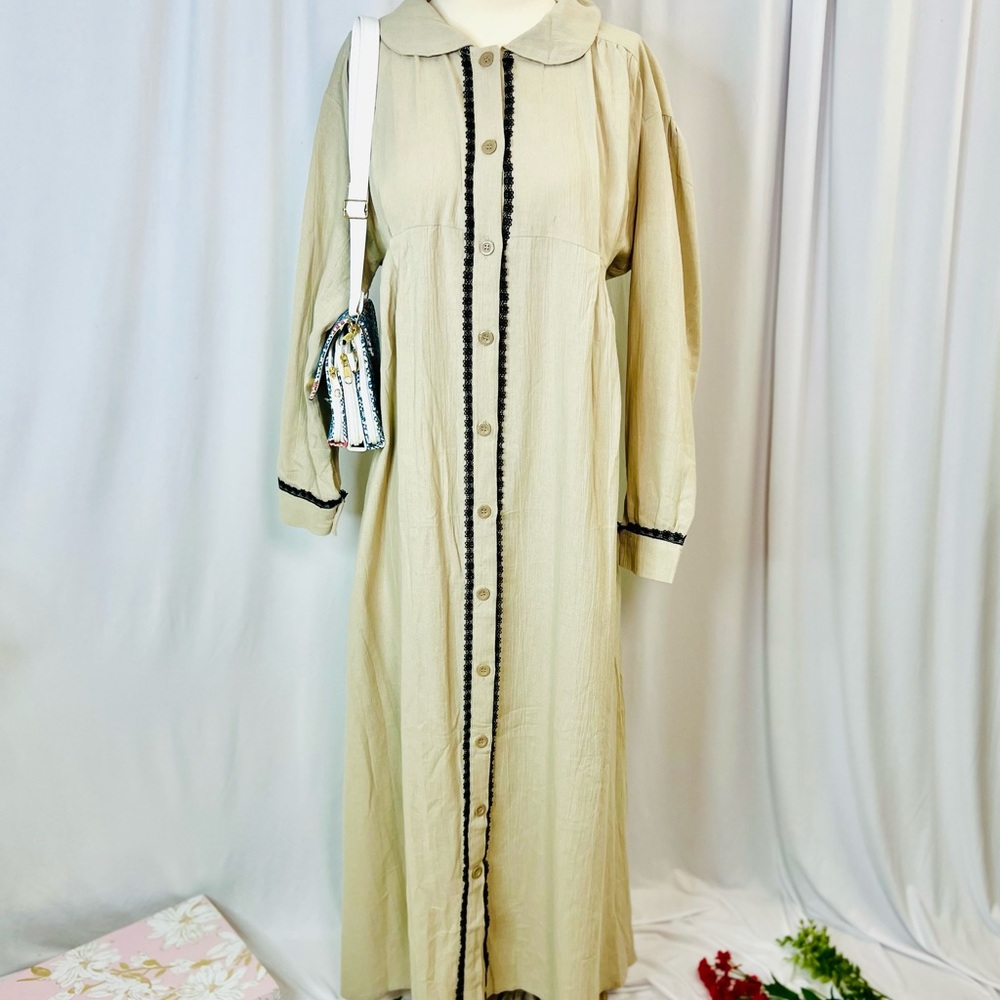 Long Cream Button-Up Dress with Black Lace Trim
